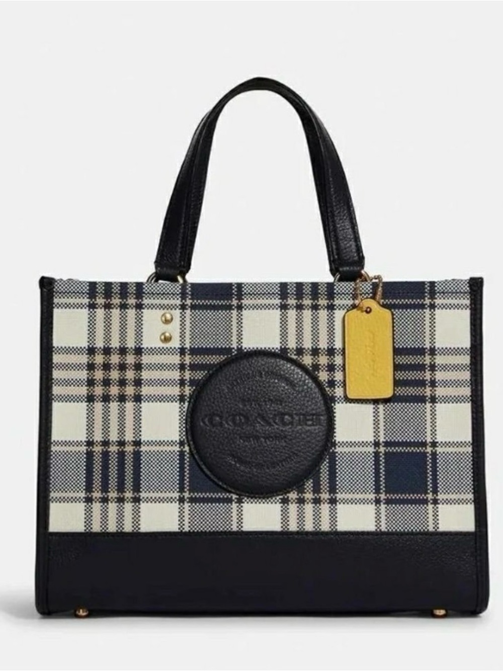 Coach Dempsey Tote 40 in the Garden Plaid print with a midnight navy patch $478